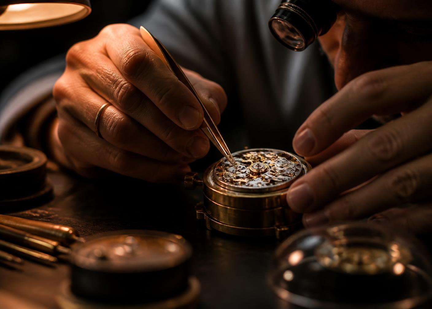 Watchmaker assembling a mechanical movement with tweezers