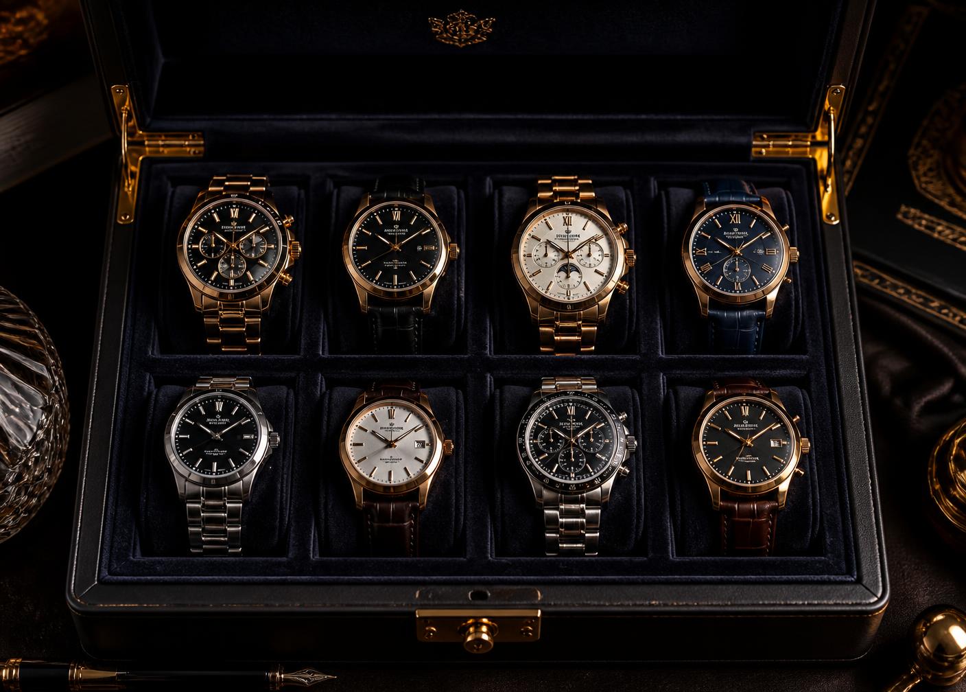 Collection of luxury watches presented in a velvet-lined case
